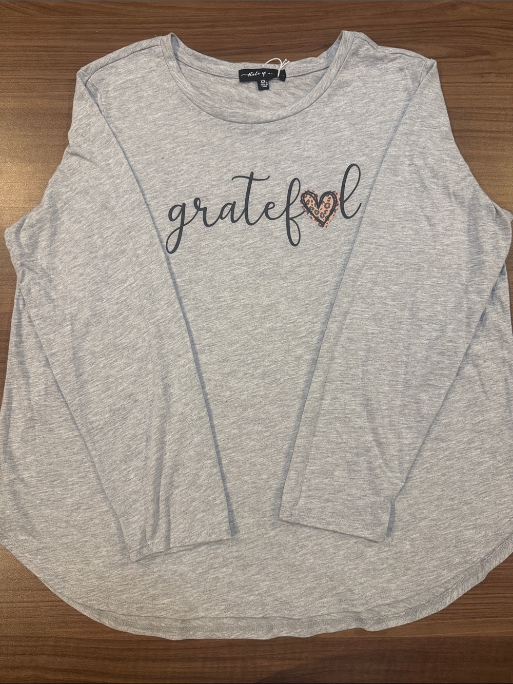 Soft Grey 'Grateful' Long Sleeve Tee with Heart Accent